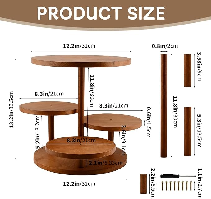 4 Tier Round Cupcake Tower Stand Wooden Cupcake Stands for 50 Cupcakes 360° Rotating Wood Dessert Display with Tiered Tray Wooden Cake Tier Stand(COLOR:wood)