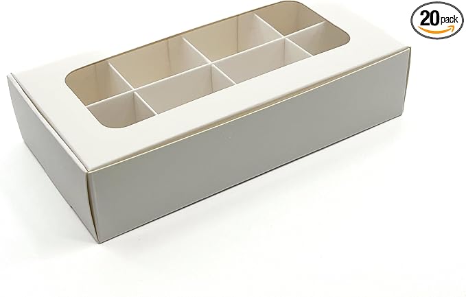 20pcs White Treat Boxes with Window and Dividers | 8 X-SMALL compartments | 6.75 x 3.5 x 1.57 in | Empty candy boxes for gift giving, truffle box - perfect for Valentine's Day