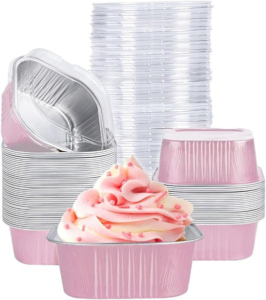 40 Pack Mini Cake Pans With Lids, 5oz Square Aluminum Foil Brownie Baking Cups, Muffin Tin Ramekins, Disposable Dessert Cupcake Cups for Wedding Birthday Party, Pink