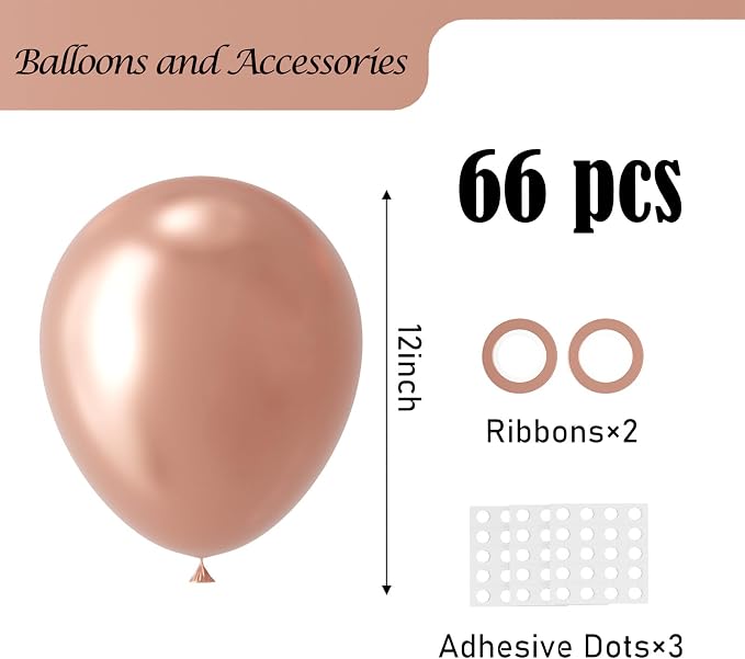 Voircoloria Metallic Rose Gold Balloons, 66pack 12inch Chrome Rose Gold Latex Party Balloons for Birthday Baby Shower Valentine's Day Graduation Wedding Gender Reveal Anniversary Party Decorations