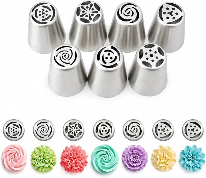 7 Pcs Large Russian Piping Tips Set, Seamless Stainless Steel Flower Frosting Nozzles, One-Press Cake Decorating Tips for Buttercream, Cupcakes, Cookies – Complete Flower Shape Kit