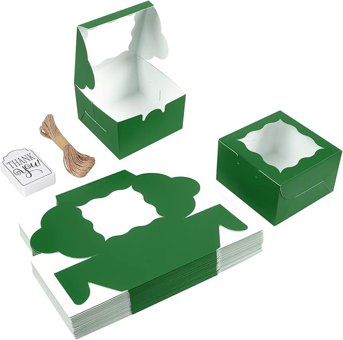KPOSIYA 60 Pcs Green Bakery Boxes with Window Individual Cupcake Boxes 4x4x2.5 Inches Cookie Boxes Kraft Paper Green Gift Box for Pastries, Cookies, Pie, Donuts, Macaroon