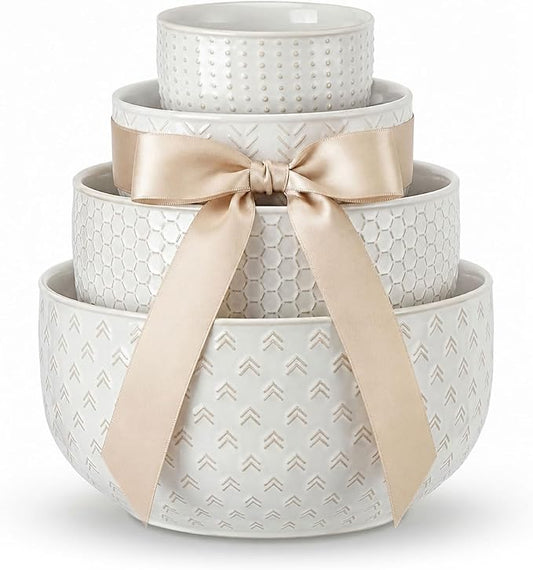 Lareina Ceramic Large Mixing Bowls Set of 4, Nesting Bowls for Cooking, Baking, Salad Etc, Serving Bowls Gift, Kitchen Stoneware, Oven, Microwave and Dishwasher Safe - 20/44/98/145 OZ, Ivory White