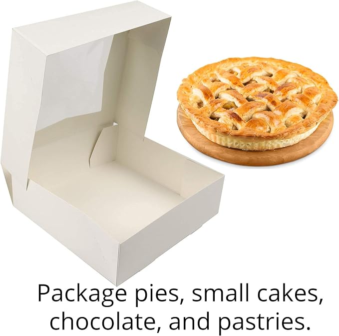 O'Creme White Bakery Boxes with Window, 10 x 10 x 2.5 Inches Deep, Pack Of 5, Display Pies, Pastries, Cupcakes and Cookies | Paperboard White Kraft Auto-Popup Window Cake Box, Pastry Container Carrier