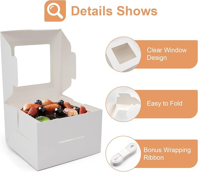 10pcs 8x8x5 Inches Cake Boxes, White Bread Boxes with Windows for Pastries, Cupcakes,Cookies, Pie, Muffins and Donuts