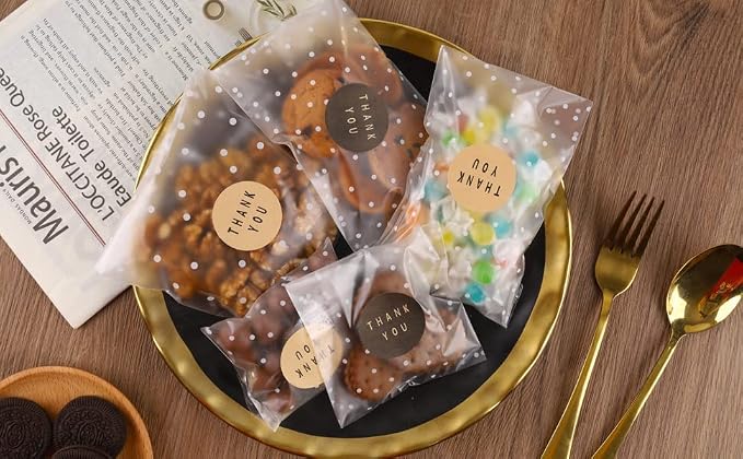 NPLUX 200PACK Self Adhesive Cookie Bags Cellophane Treat Bags Thank You for Gift Giving Candy with Stickers, Party Favor, Graduation Gift Bags(White Polka Dot, 5.5x5.5 INCH)