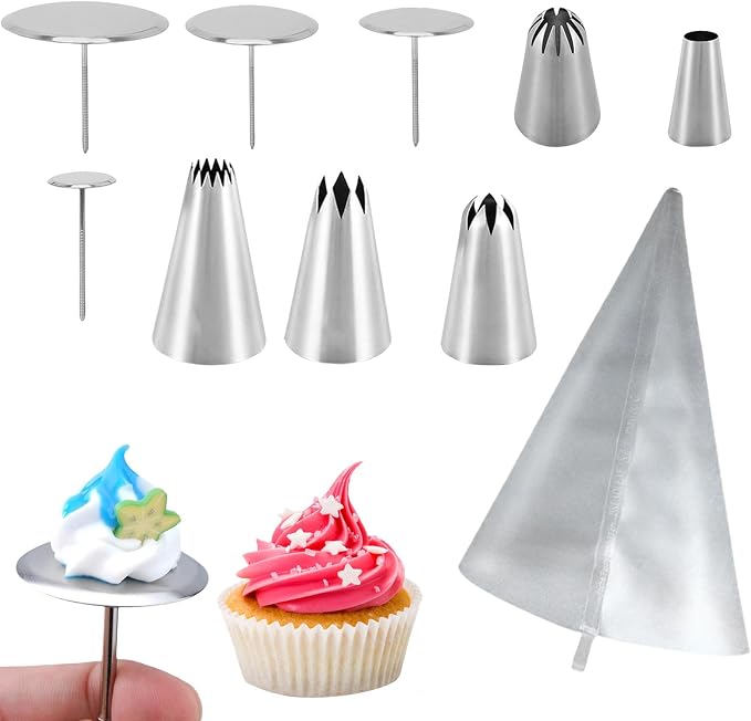 Cake Decorating Tool Kit, 5 Pcs Stainless Steel Piping Tips Set with 1 pc Frosting Bags, 4 Cake Flower Nails for Cake Fondant Cupcake