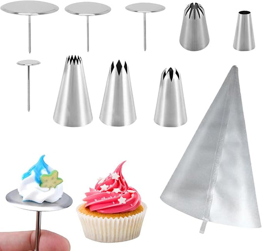 Cake Decorating Tool Kit, 5 Pcs Stainless Steel Piping Tips Set with 1 pc Frosting Bags, 4 Cake Flower Nails for Cake Fondant Cupcake
