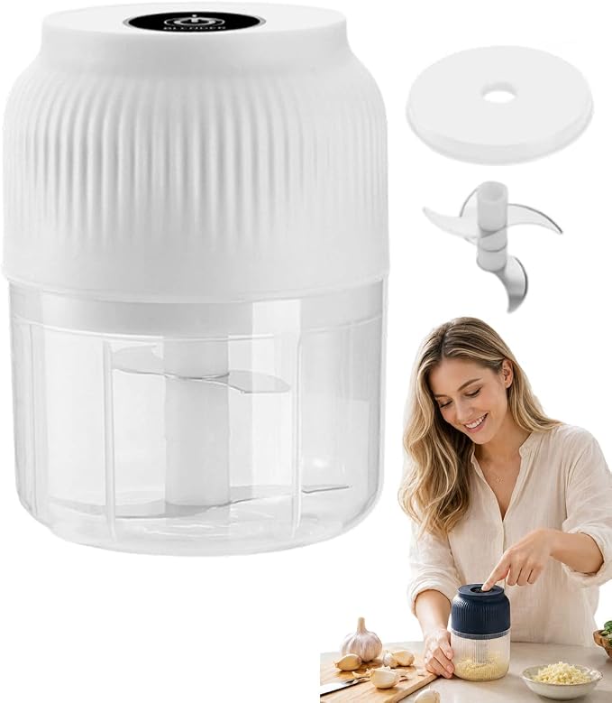 Household Electric Garlic Crusher, Mini Cordless Food Chopper，White：300ML | USB Rechargeable Vegetable Dicer for Ginger, Chili, Nuts, Waterproof & Whisper-Quiet Prep Tool