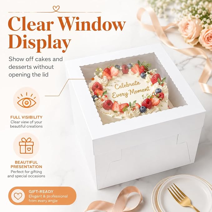 NPLUX Cake Boxes 12 Inch, 10 Pack 12x12x8 Cake Box with Window, White Cake Boxes with Separate Lid for Cakes, Pastries, Cookies, Bakery Orders and Gifting, Graduation Gifts Party Favors