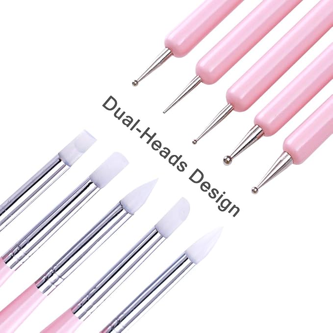 5pcs Nail Art Dotting Tools Pen Dual Head UV Gel Carving Pen Nail Silicone Brushes Set Pottery Clay Sculpting Tools Modeling Painting Drawing Tool DIY Art Craft (Pink)