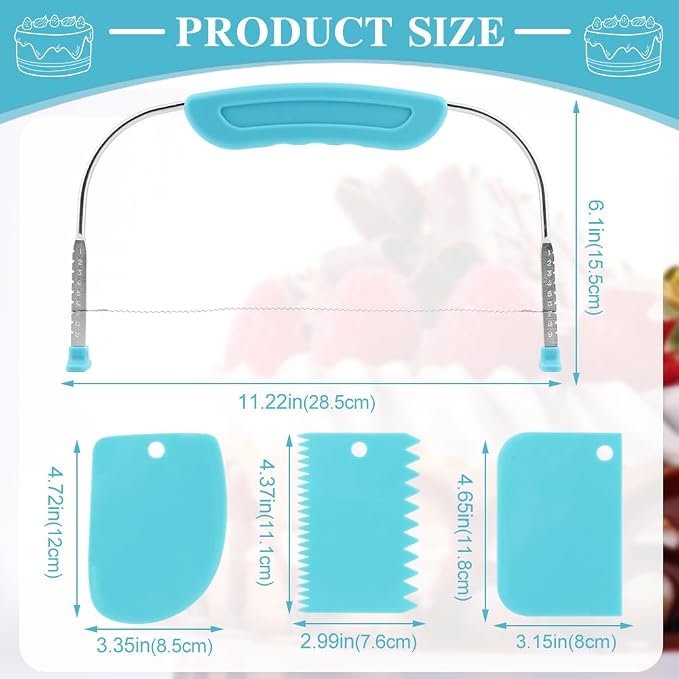 Adjustable Cake Leveler Cutter With 3PCS Cake Scrapers Set,Baking Supplies Tool for Kitchen,Large Size Cake-Cutter Slicer for Leveling,Single Stainless Steel Wire & Plastic Handle(COLOR:Blue)
