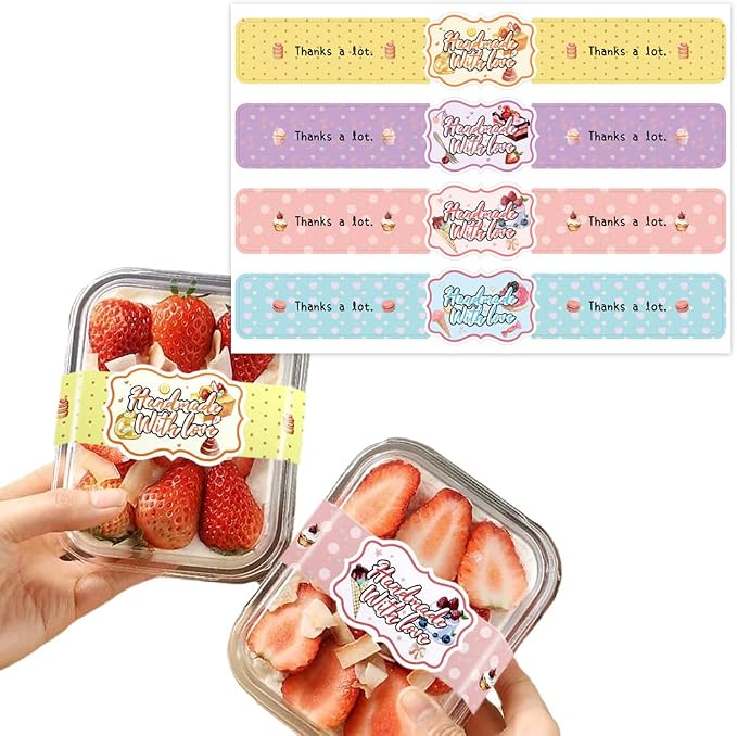 9.8 Inch Long Handmade with Love Stickers 120 Pcs Huge Thanks a Lot Self-Adhesive Sealing Baking Label Safe Secure Tamper Evident Lids Food Bakery Sticker for Baked Good Packaging (Handmade with Love)