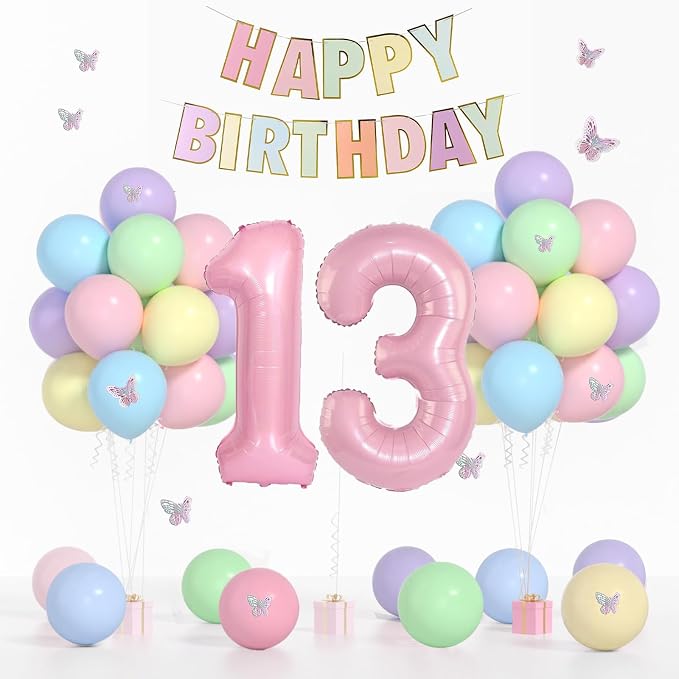 13th Birthday Decorations For Girls -12 Inch Pastel Balloons, 32 Inch Pink 13 Balloon, 3D Butterflies Stickers, Happy Birthday Banner For Teen Girl 13th BD Decorations