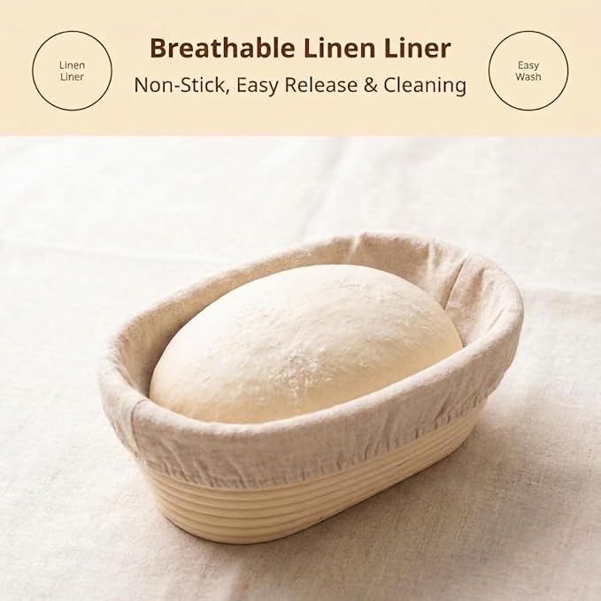 Bread Proofing Basket Set 9" Round and 10" Oval Banneton for Bread Baking, Natural Rattan Wicker Basket with Bread Lame, Danish Whisk, Scraper - Profeesional Baker's Kit