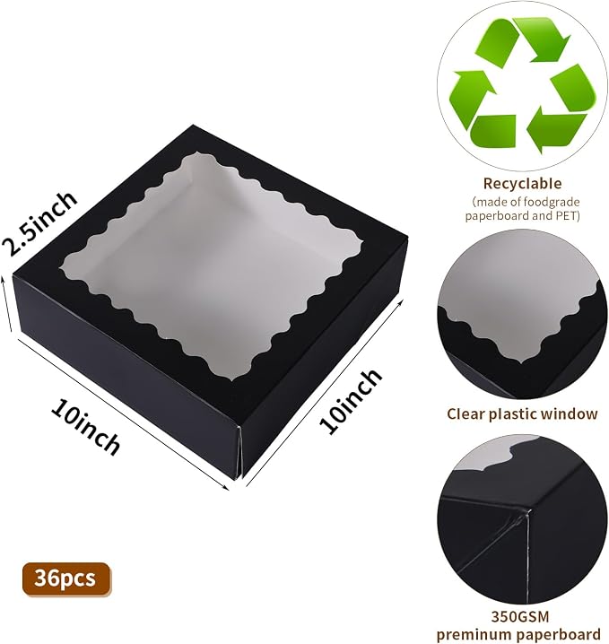 36 pcs 10x10x2.5 Inches Cake Box with Window, Bakery Pastry Cookie Boxes, Mini Pie for Pastry,Dessert,Strawberries,Chocolates (Black, 10x10x2.5inch/36pcs)