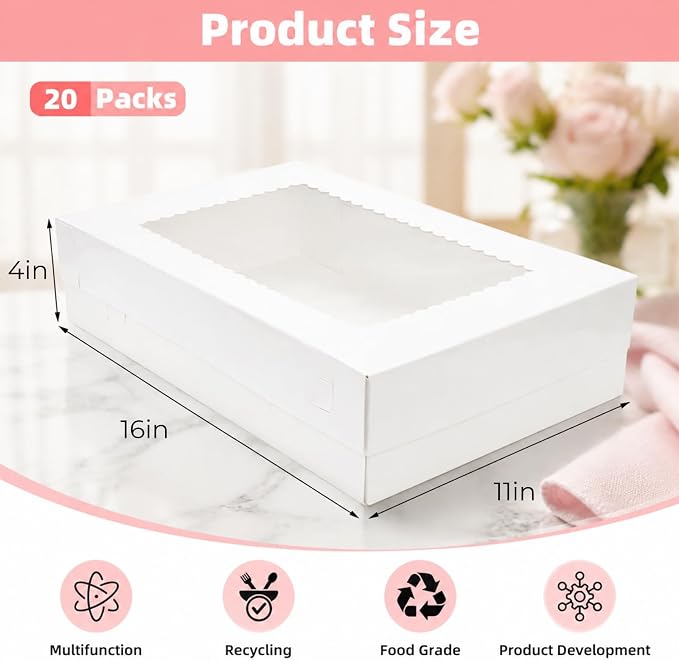 20 Pieces 16x11x4 Inch Cake Boxes, White Rectangular Sheet Cake Boxes with Window, Large Paperboard Container for Cookies Pastry Baking Donuts Cupcake Pie Packaging