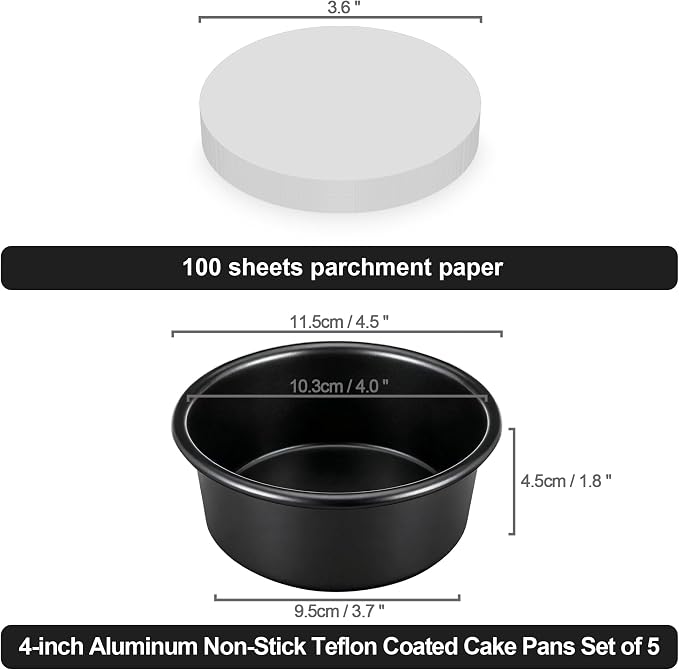 4 Inch Cake Pan Set of 5, Nonstick Cheesecake Round Cake Pans with 100 Pieces Parchment Paper, Mini Cake Tins for Baking, Non-Toxic & Leakproof Circle Cake Pan, Aluminum Material Food Grade Coating