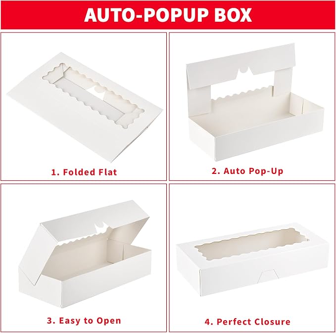 Ocmoiy 20 Pack Cookie Boxes, 12x5.5x2.5 Inch Bakery Boxes with Window, Auto-Popup Treat Box for Chocolate Covered Strawberries, Hot Cocoa Bombs, Pastries, Donuts, Muffins