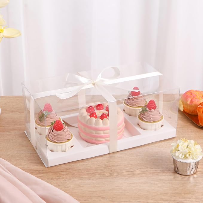 3Pcs Bento Cake Box and Cupcake 1+4 Combination Clear Window Bento Boxes, 6 Holes Bento Vake Box Suitable for 4 Regular Cupcakes and Mini Cakes