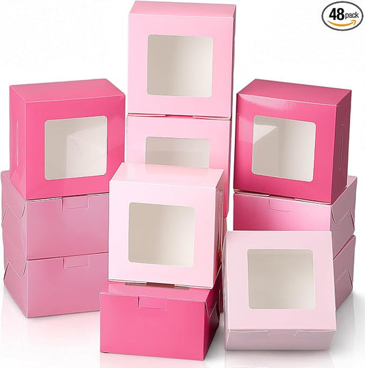 Crtiin 48 Pack Pink Cookie Boxes with Window Small Bakery Treat Boxes for Pastry Donuts Macaroon Cupcakes Aromatherapy Perfume Wedding Bridal Shower Birthday Tea Party Baby Shower Favors