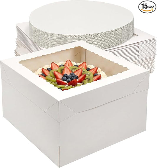 CRUGLA 15 Pack 12x12x8 Cake Boxes with Cake Boards, White Bakery Window Boxes, Tall Dessert Carrier for Birthdays, Weddings, Bake Packaging