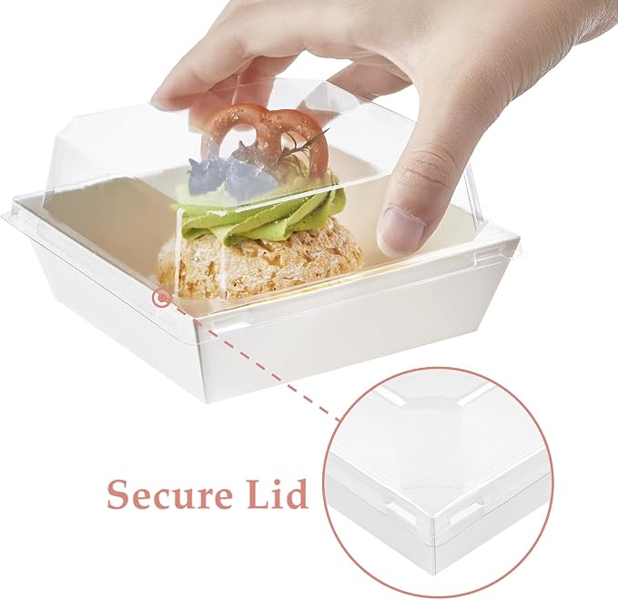 Ocmoiy 50 Pack Small Charcuterie Boxes with Clear Lids 4x4 Inch, To Go Disposable Paper Food Containers Bakery Treat Boxes for Desserts, Cake Slice, Cookies, Strawberries (White, 50)