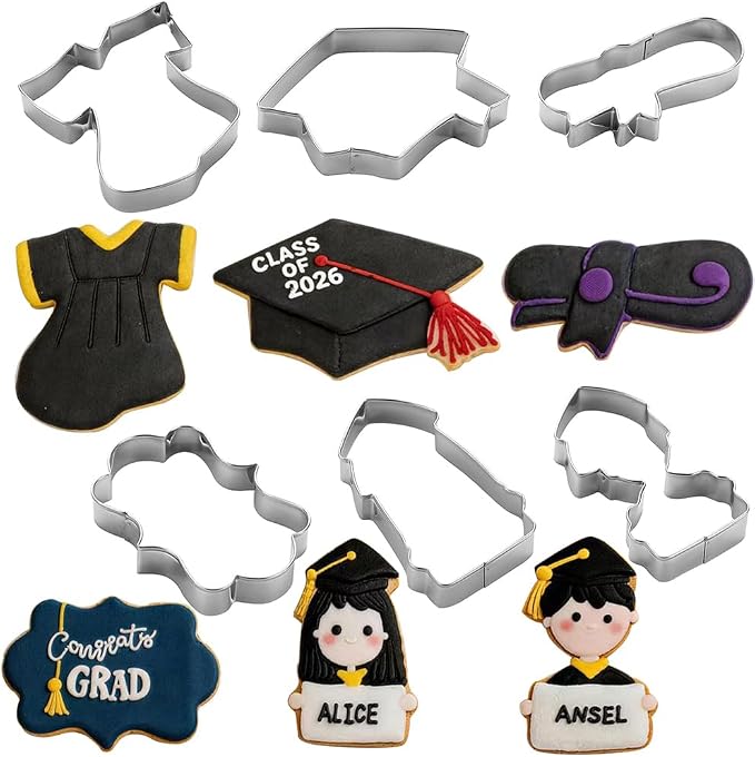 MrCookie Large Graduation Cookie Cutters,4in,6pc,Thickened Stainless Steel. | Sturdy stainless steel.6 shapes: bachelor(M/F),cap,gown,diploma,frame.For cookies,fruit,fondant,cake.2026 grad.