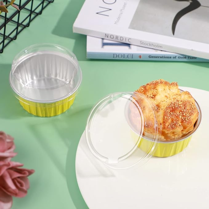EUSOAR Disposable Ramekins with Lids, 50pcs 5oz Aluminum Foil Baking Cups Foil Creme Brulee Pans Muffin Liners, Oven Safe Dessert Containers Cupcake Holders Pans Yellow