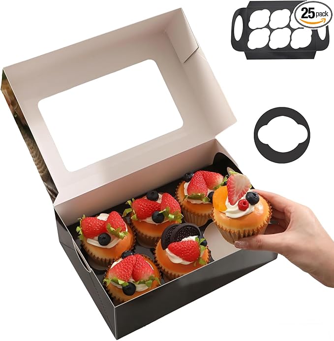 25 Black Cupcake Boxes, Mother's Day Cupcake Boxes 6 Count with Window and Inserts, Cupcake Holders for Cupcakes, Muffins, Cookies
