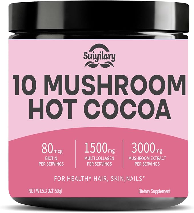 Suiyilary 10 Mushroom Hot Cocoa, 1500mg Collagen, 80mcg Biotin, Sugar Free Keto Cocoa Powder, for Healthy Hair, Skin and Nails, 15 Servings