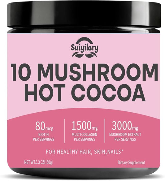 Suiyilary 10 Mushroom Hot Cocoa, 1500mg Collagen, 80mcg Biotin, Sugar Free Keto Cocoa Powder, for Healthy Hair, Skin and Nails, 15 Servings