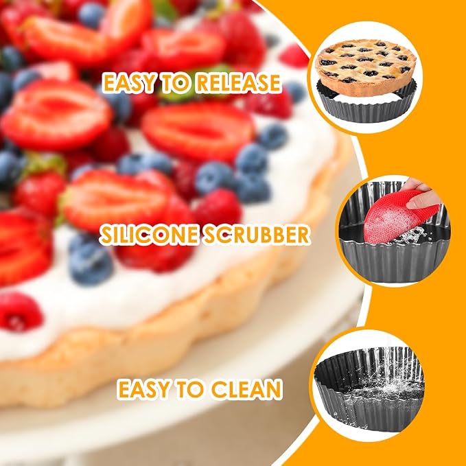 2 Pack 9.5 Inch Tart Pan Pie Pan, Heavy Duty Deep Quiche Pan with Removable Bottom, Nonstick Carbon Steel Deep-dish Round Pie Plate Tin with Oil & Dish Brush