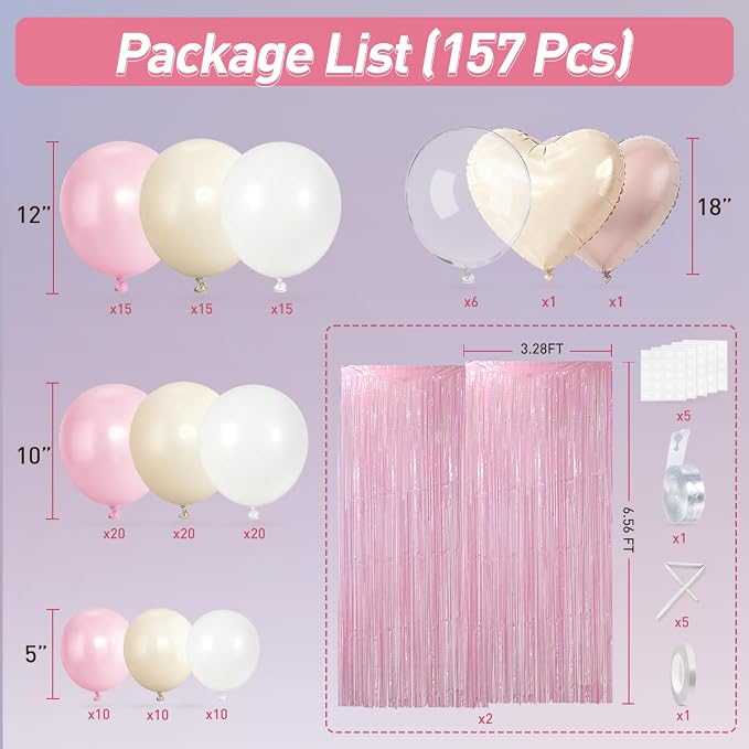 157Pcs Pastel Pink and White Balloons Garland Arch Kit with Fringe Curtain for Woman Girl Princess Birthday Bridal Baby Shower Gender Reveal Engagement Wedding Valentine's Day Party Decorations