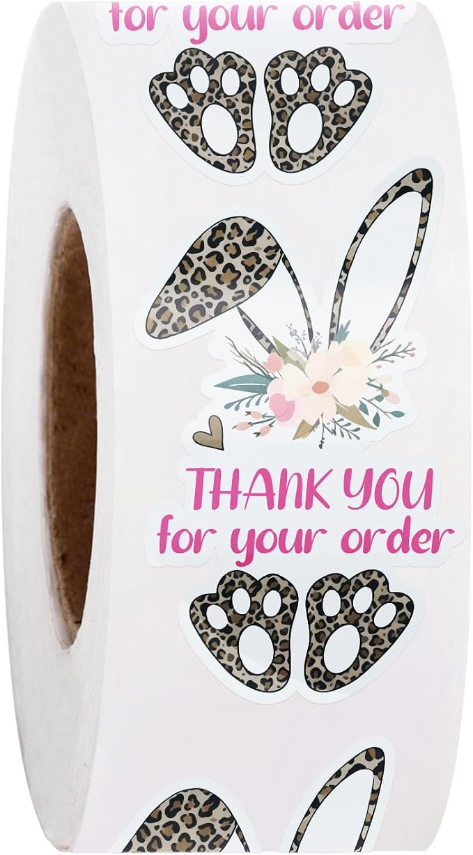 WRAPAHOLIC 1.57 x 2.5 Inch, 500 Total Business Stickers Roll - Leopard Bunny Design, Thank You Lables, Shipping Stickers for Baby Shower and Party Decorations
