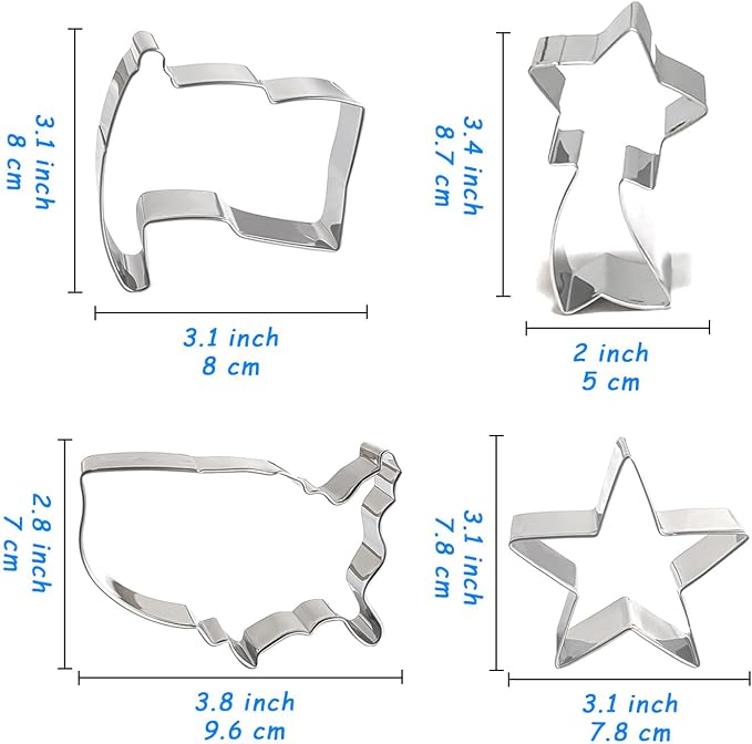4th of July Cookie Cutters 8Pcs Large Size, National Shapes Metal Biscuit Fondant Cutters for Celebration, Hat Map Flag Eagle Star Cookie Molds Set