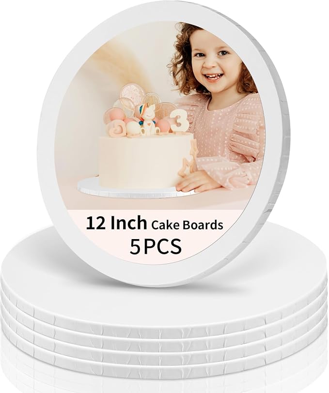 Cake Boards 12 Inch Round - Sturdy 1/2 Inch Drum, Corrugated Base for Multi-Layer Cakes, White, 5 Pcs
