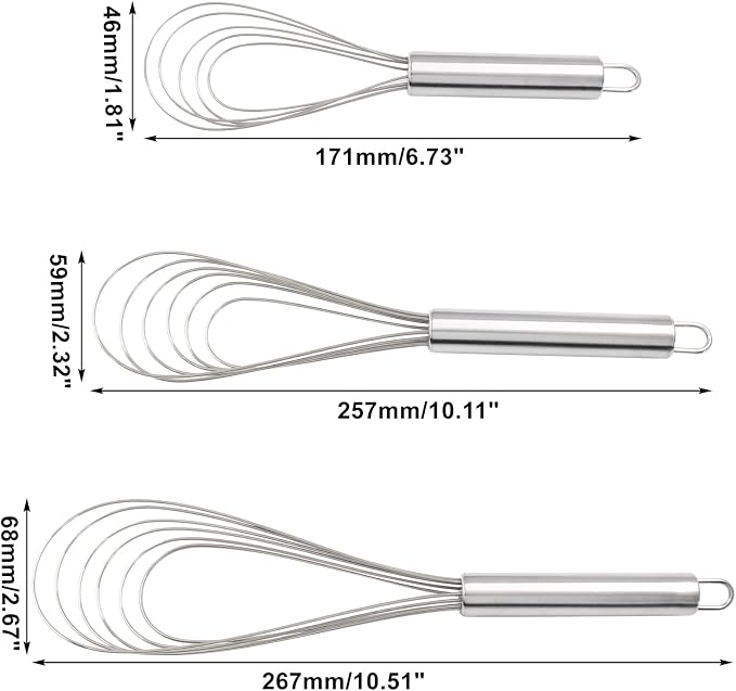 3 Pcs Kitchen Flat Whisk Set, Stainless Steel Egg Whisk Flat Wire Whisk 6 Wires Egg Mixing Whisk(6.73 Inch,10.11 Inch,10.51 Inch)