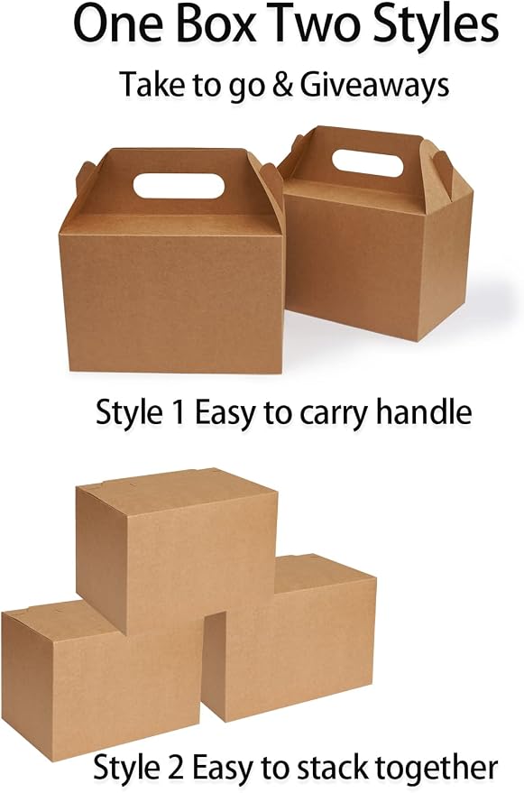 Happyhiram 30 CT 9x6x6 Large Box Lunch Boxes Cardboard Paper with Handles Kraft Brown, Gable Gift Boxes Party Favor Boxes Barn Style Carry Out Box Recyclable Packaging Boxes for Food Cookies Baby