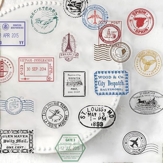 Vintage Postmark Stickers for Scrapbook, 50PCS PET Transparent Waterproof Stickers Pack for Water Bottles,Laptop,Scrapbook,Traval Themed Party Decorations