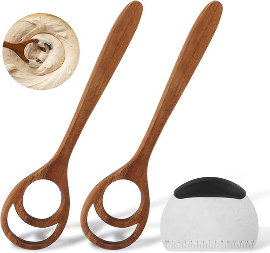 2 Pack 13 Inch Danish Dough Whisk, One-Piece Solid Wood Sourdough Mixing Tool for Bread Dough, Pizza and Pancake Batter, Hand Mixer with Dough Cutter