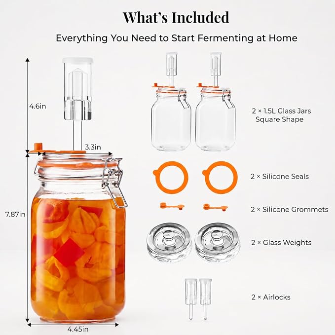 Fermenting Jars, 1.5L Fermentation Kit With Glass Weights, 2-Pack | Wide-Mouth 2L Glass Jar With Self-Venting Airlock, Ideal For Sauerkraut, Kimchi, Pickles And Other Homemade Ferments