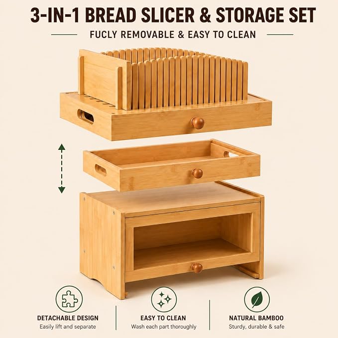 3in1 Bread Slicer for Homemade Bread - Adjustable Width Bamboo Bread Cutter with Storage Box, Bread Box with Cutting Board Crumb Tray, Bread Storage Container for Kitchen Countertop, Sourdough Baking