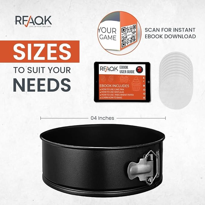 RFAQK 4 Inch Mini Cheesecake Pans Leakproof, 4pcs Small Nonstick Springform Pans with Removable Bottom, Includes 50pcs Parchment Papers, E-Book, Perfect for Baking Mini Cakes, Pizzas, Quiches & More!