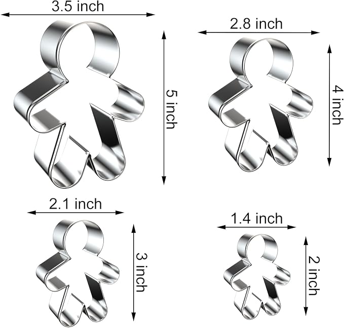 Gingerbread Man Cookie Cutters Shapes Set for Christmas Baking with Assorted Sizes - 5 inch, 4 inch, 3 inch, 2 inch - Stainless Steel