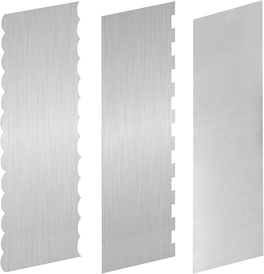 8.7 Inch Stainless Steel Cake Scraper, Double Sided Patterned Edge Stripe Edge Smoother Scraper Cake Decorating for Mousse Butter Cream, 3 Pieces