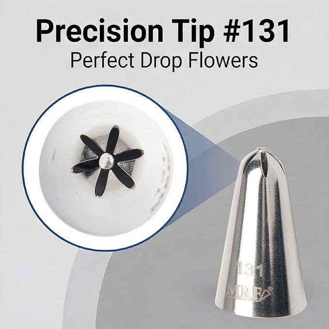 No. 131 Stainless Steel 6-Petal Flower Piping Tip with Reusable Silicone Piping Bag – Cake Decorating Supplies for Cupcakes, Cookies, and Baking