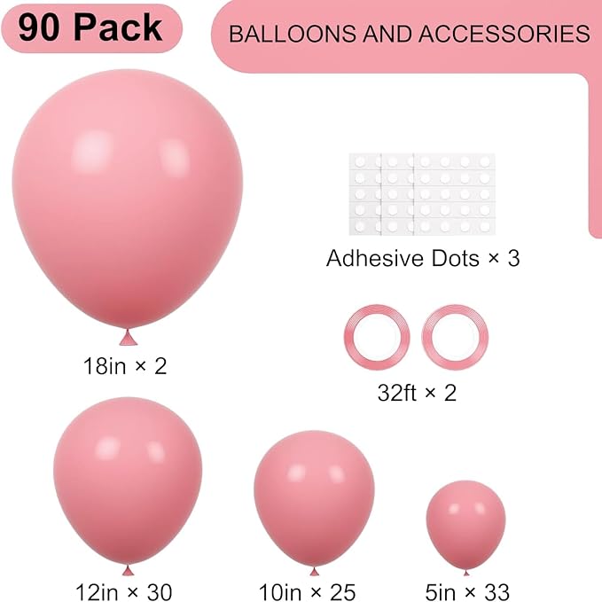 Voircoloria 90pack Retro Pink Balloons Different Size 18/12/10/5 Inch Pink Balloon Garland Arch Kit for Graduation, Wedding, Birthday, Princess Theme Party, Baby Shower, Anniversary Party Decorations
