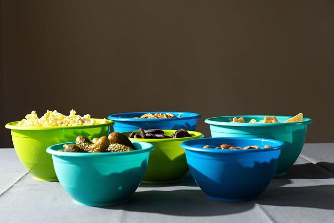 Stephanie Imports Made in USA 6-Piece Set of Prep & Store Plastic Bowls with Clear Lids (BPA-Free and Dishwasher Safe) - Blue, Teal and Green