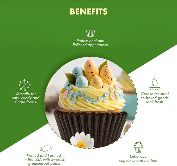Regency Wraps Baking Cups, Pack of 100 Brown Standard, Greaseproof Cupcake Muffin Liners, Made in USA, Non-Stick for Easy Removal and Serving of Baked Treats